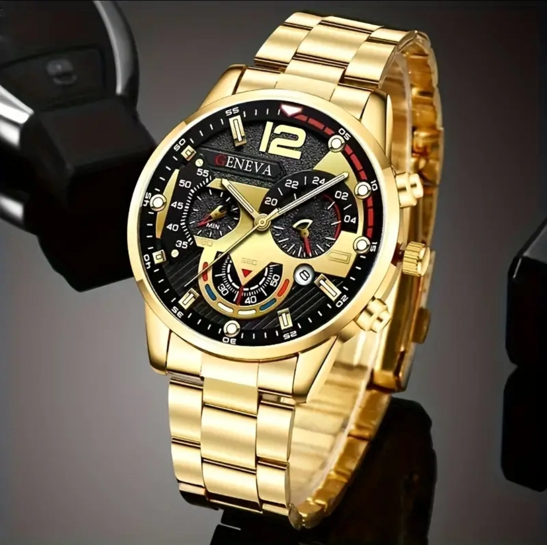 Combo Reloj + Cadena + Pulsera Dorado